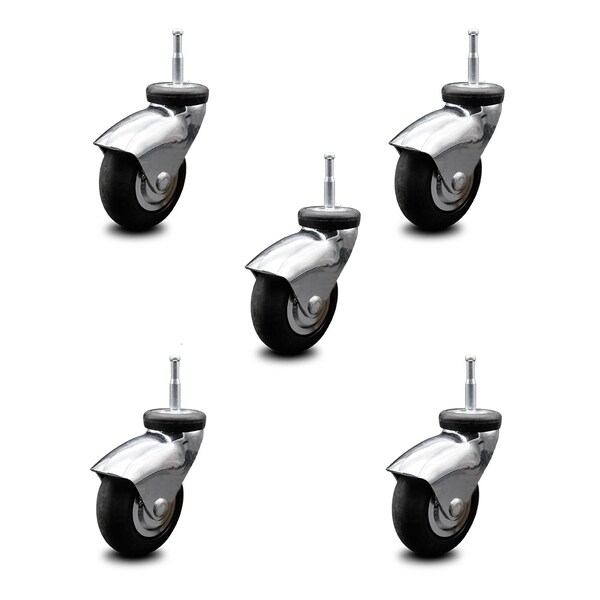 3 Inch Chrome Hooded Neoprene Rubber 5/16 Inch Grip Neck Stem Casters, 5PK